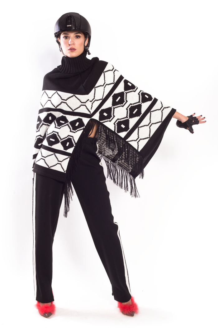 Graphic Jacquard Cowl Neck Fringe Poncho and Side Stripe Pants