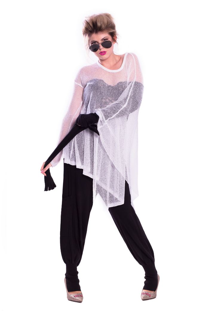 One Sleeve Mesh Poncho and Drawstring Waist Knitted Pants