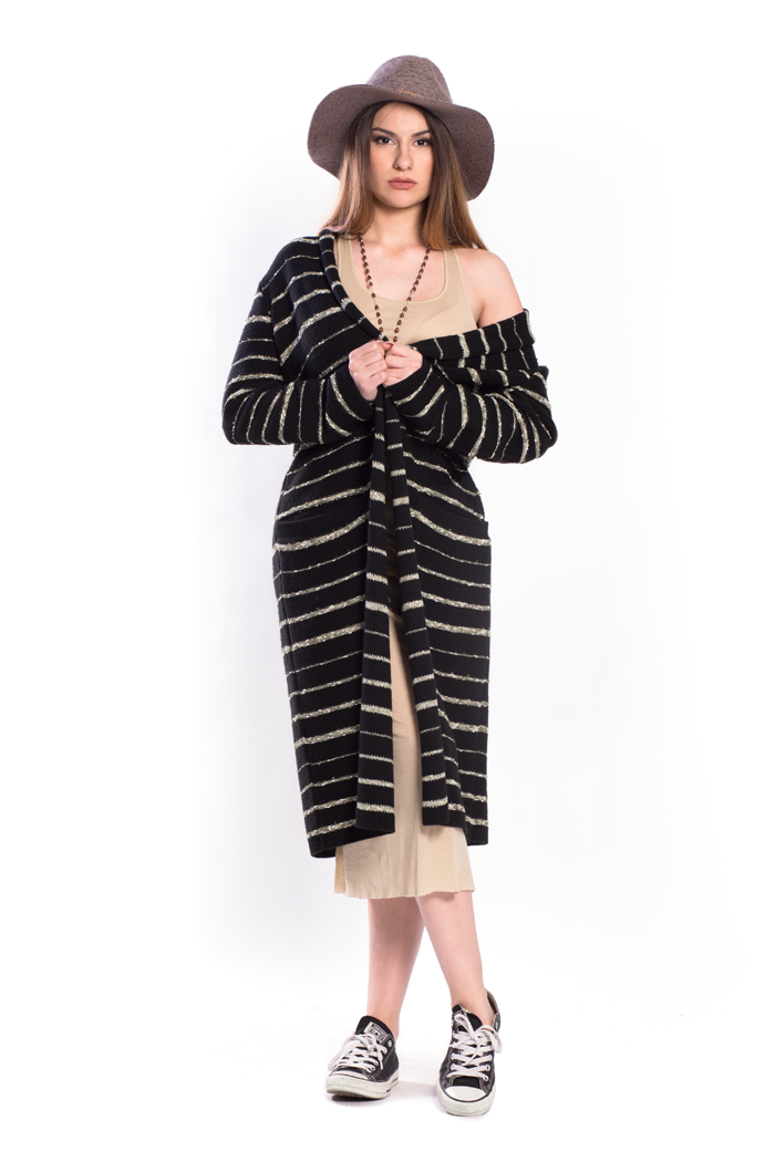 Boucle Stripe with Lurex Long Cardigan with Pockets