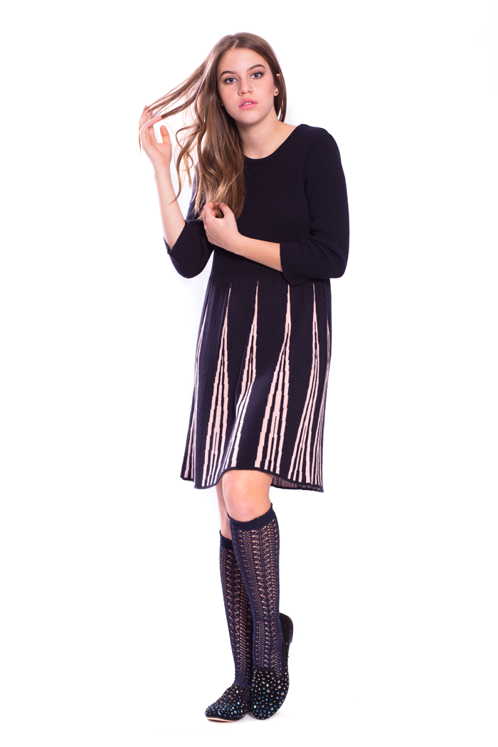 Knit Dress with Inserted Contrast Pleats