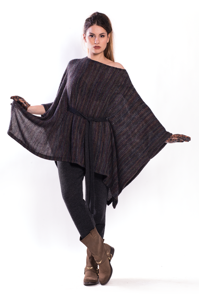Belted Multicolor Poncho and Drawstring Waist Knitted Pants